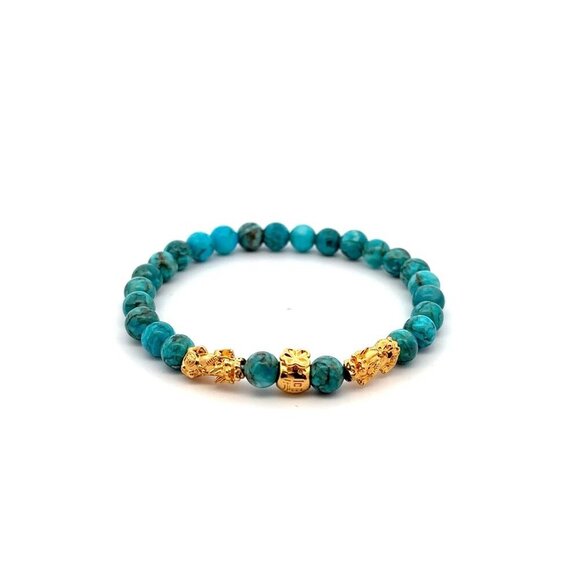 18K Gold Pixiu Double Piyao Money Bag Charm Bracelet Gemstone Turquoise 6mm - Picture 1 of 4